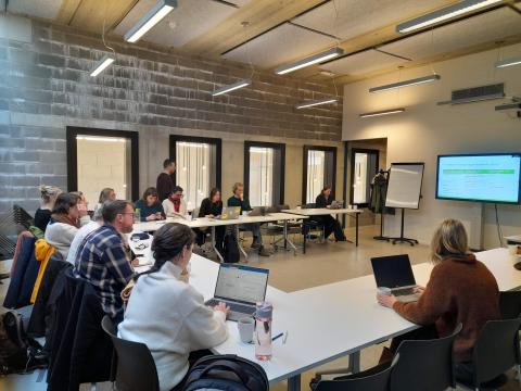 Ghent stakeholder meeting 2 People together in a session in an office like surrounding looking at a presentation on a screen