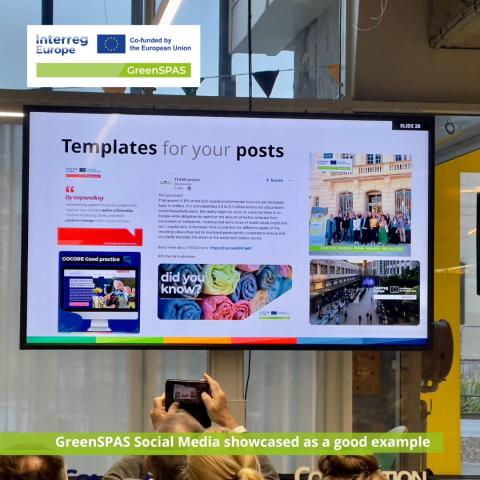 GreenSPAS in interreg training days screen at a conferece room