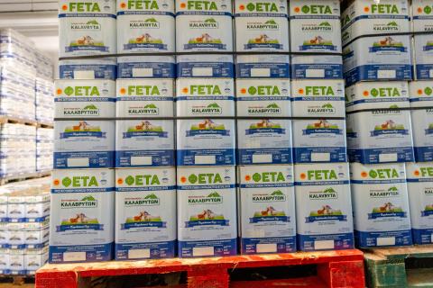 Feta PDO tins in Kalavryta, Greece