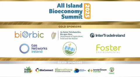 Promotional banner for the "All Island Bioeconomy Summit 2025" featuring sponsor logos. The banner has a gold and white color scheme with “Gold Sponsors” listed in the middle, including BiOrbic, Department of Agriculture, Food and the Marine (Ireland), InterTradeIreland, Gas Networks Ireland, Irish Bioeconomy Foundation, and Foster Environmental. Below, under “Silver Sponsors,” are logos for Rural BioUp, BioConnect, Biomethane for Carbon and Community, Circular Bioeconomy Cluster, Iarnród Éireann Irish Rail