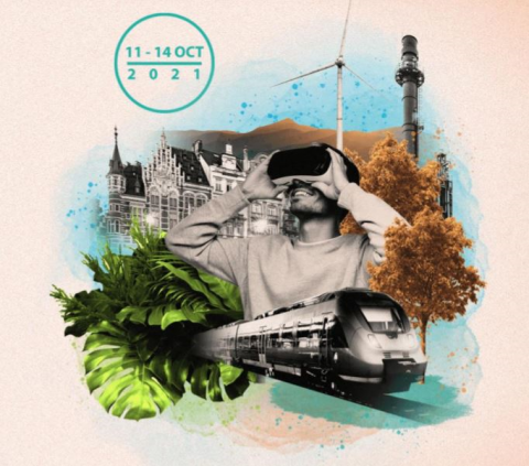 Band image of EU Regions Week 2021 Composite Image of person wearing VR glasses, train and historic building