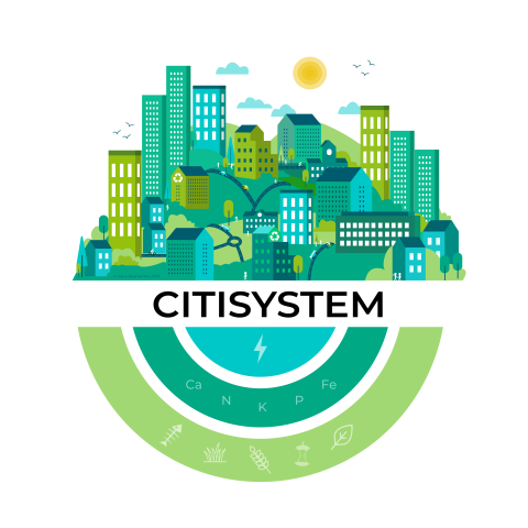 A drawing of a city and the energy, nutrients and bioresources flows.