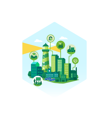 city ecosystem of public and private actors - the light house represents the city authority and the various buildings the private sector. There are also icons repesenting collaboration, industry, energy, etc. 