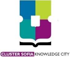 Element from the logo of the city of Sofia placed above an open book symbolizing knowledge and below it the inscription Cluster Sofia Knowledge City