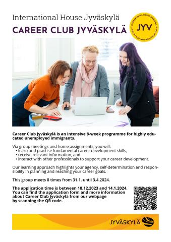 Career Club Jyväskylä Three women around a laptop, details of the upcoming Career club round
