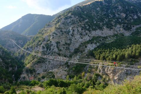 People walking on a suspended bridge