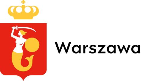 crest of the city of Warsaw on the left, the coat of arms of the city of Warsaw on a red background, a mermaid holding a sword in her right hand and a shield in her left. on the right side, the inscription Warszawa