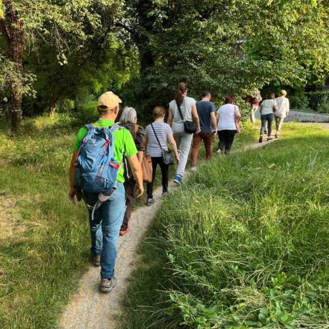 Reggio Emilia City of Trails People walking in line on a trail, immersed in greenery, with hats and backpacks.