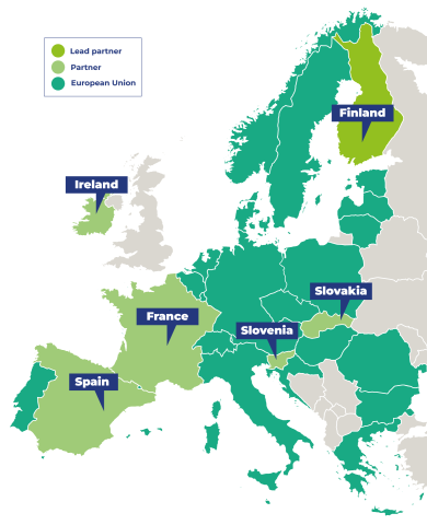 A map of Europe where all the seven partner countiries are taged by their names
