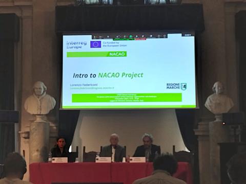 Nacao presentation. Ppt presentation in a dark, big Italian meeting room marble statues in the background.