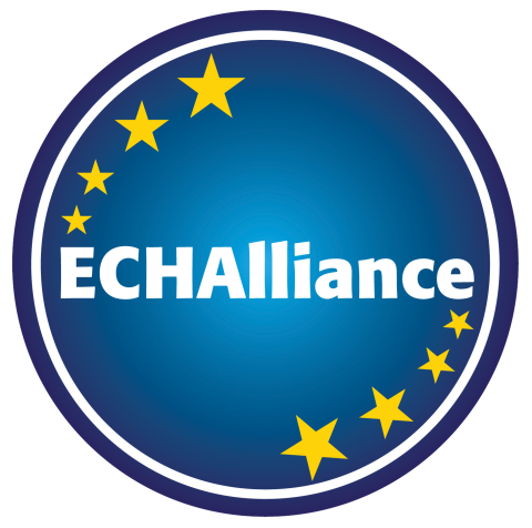 A blue ball with the word ECHAlliance in white, and eight yellow stars