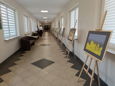 Photo exibition displayed in a corridor of a large building