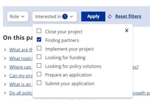Screenshot of filters from Help Centre