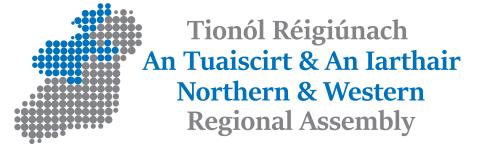 Northern and Western Regional Assembly Logo an outline of the country of Ireland with blue highlighting the northern and western region and grey and blue writing