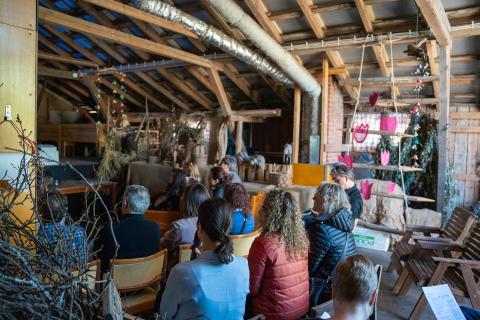 Third study visit to Finland People sitting and watching a presentation under a wooden structure
