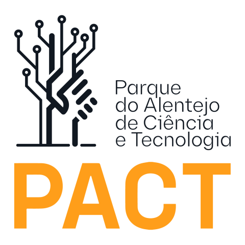 Logo for Science and Technology Park of Alentejo. Depicts a tree whose trunk is composed of two hands, shaking, and whose branches are resembles by technological nodes and connections.