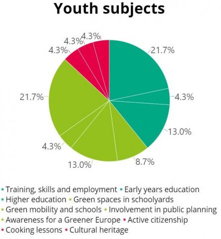 Pie chart showing the percentage of our projects working on subject matters relating to young people in smart, green and social topics.