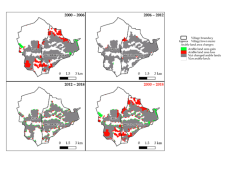 FIGURE 1. CHANGES IN THE AREA OF ARABLE LAND FOR THE VILLAGES OF LIPNICA AND WOLA RANIZOWSKA IN 2000-2018 ACCORDING TO CLMS CORINE LAND COVER DATA