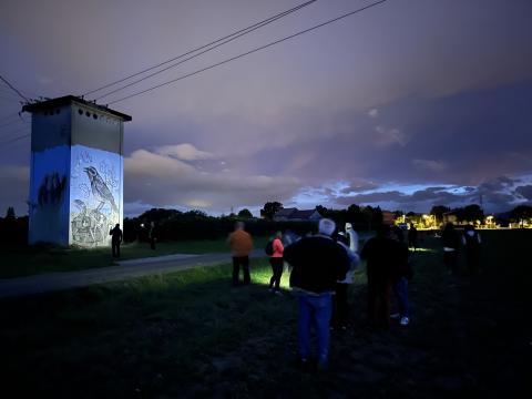 City of Trails - Reggio Emilia Trails at night, with people looking at murals portraying animal species.