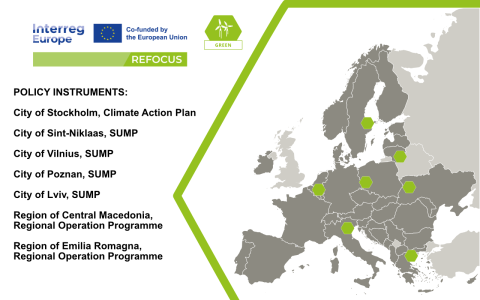 Map of REFOCUS project policy instruments Map of Europe, the Interreg Europe logo and REFOCUS project logo and the list of policy instruments addressed by the project.