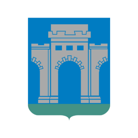 The coat of arms of the city Rivne, Ukraine The coat of arms, silvet city's gate on blue background