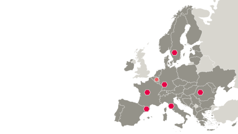 Map of Europe with red dots to indicate SALAM partners. 6 regions are indicated: Tuscany Centre Val de Loire Region Vastra Gotaland  West Timosaria university/ Romania Belgium Catalonia Baden-Württemberg