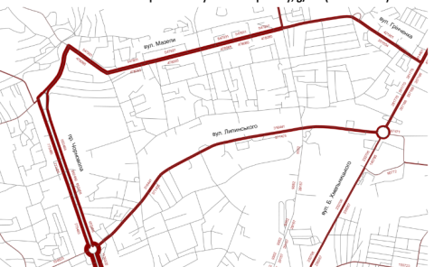 CО2 emission map in Lviv city out of PT per day, g/km (focus sector)