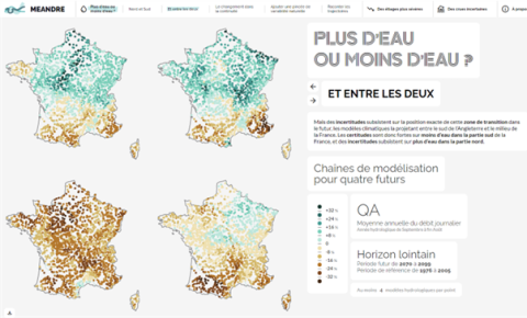 “Meandre” website page presenting the results of the Explore 2 project Presentation of projections on river water flow in the middle and end of the century according to 4 global warming storylines