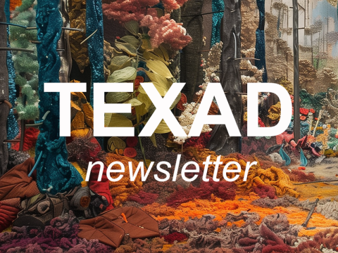 the TEXAD newsletter TEXAD image (a forest composed of textiles) as background. Text showing TEXAD newsletter