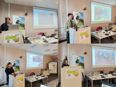 Collage of four photos, each photo one speaker 3 females one male doing presentation from a podium