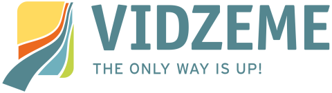 Logo of Vidzeme Planning Region with a stylized abstract graphic featuring curved lines in yellow, orange, teal, and green, resembling a road. The logo also includes the tagline The only way is up!
