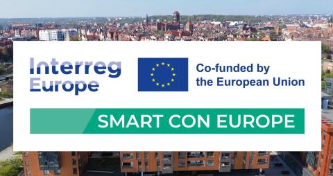 Movie introduction You can see a city in a background, and in front there is big logo of SMART CON EUROPE project