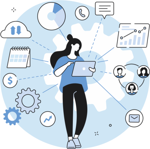 A drawing of a businesswoman in multitasking, managing various business tasks on her tablet, surrounded by digital icons representing different aspects of her work.