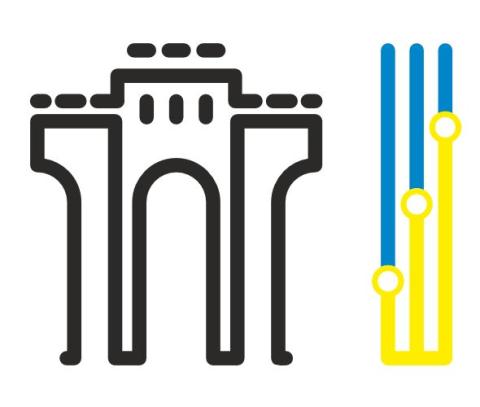 black graph in the shape of city gate and blue and yellow vertical stripes