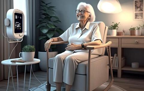 The image shows a smiling older lady sitting in a chair, next to her chair there is a table with telecare tools monitoring her vital parameters. 