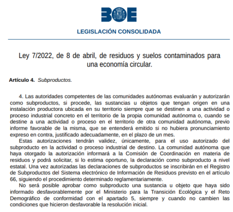 The photo is the article 4 of the Spanish Law 7/2022, of 8 April, of waste and polluted soils for a circular economy. It describe the procedure to get an authorisation of a by-product.