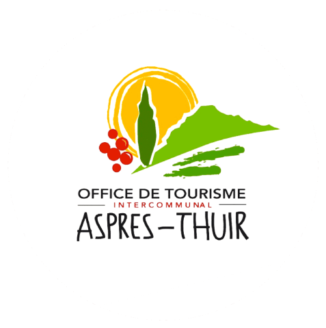 Tourist Office Intercommunal Aspres Thuir Yellow sun in the backgound, tree and mountain in green, red grapes