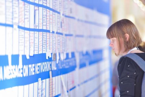 Person taking a looking at wall full of informative cards. Person taking a looking at wall full of informative cards.