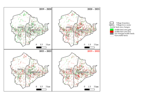 FIGURE 2. CHANGES IN THE AREA OF ARABLE LAND FOR THE VILLAGES OF LIPNICA AND WOLA RANIZOWSKA IN 2019-2022 ACCORDING TO CLMS LAND COVER DATA