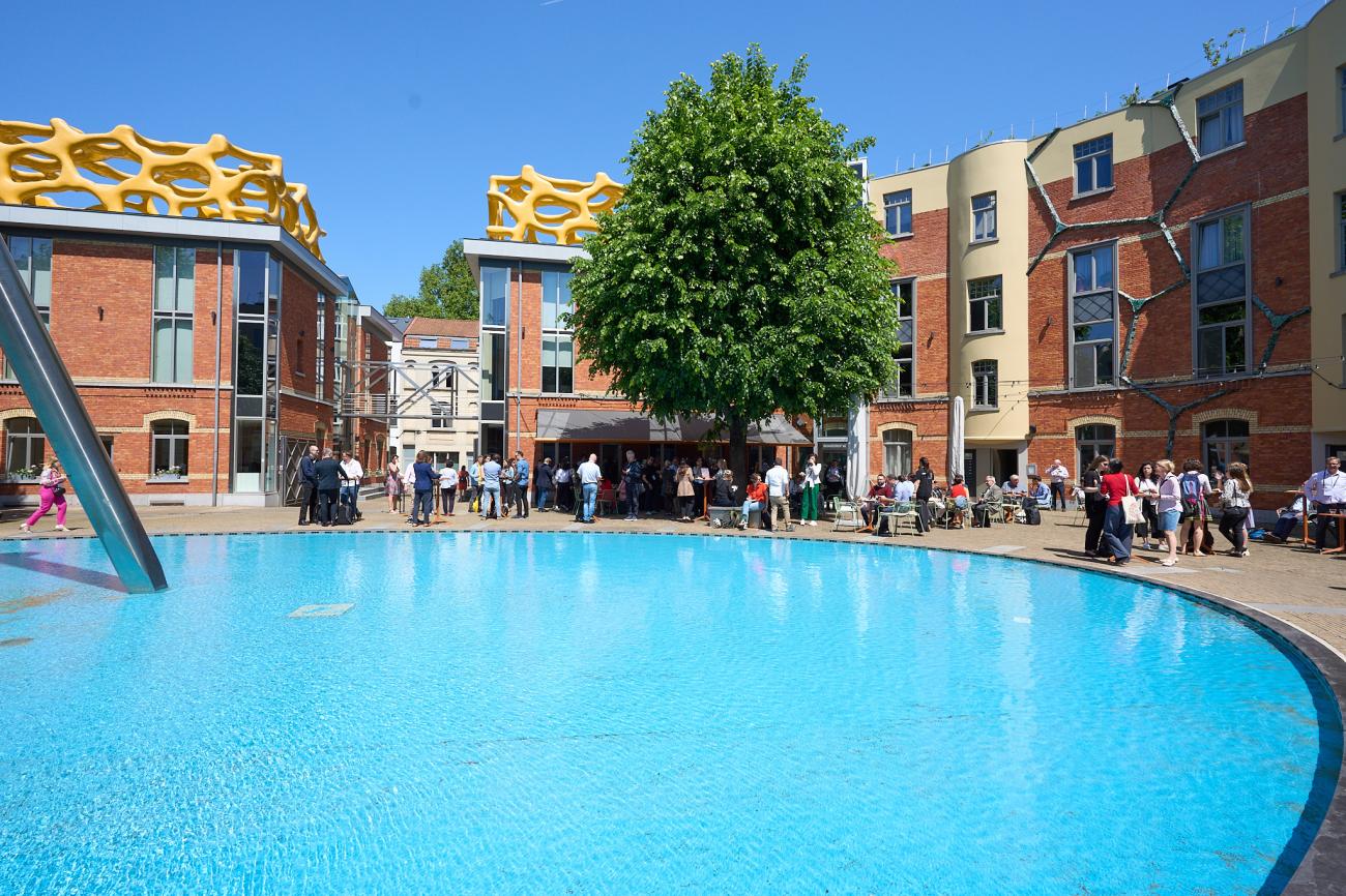 Event venue in front of small swimming pool  