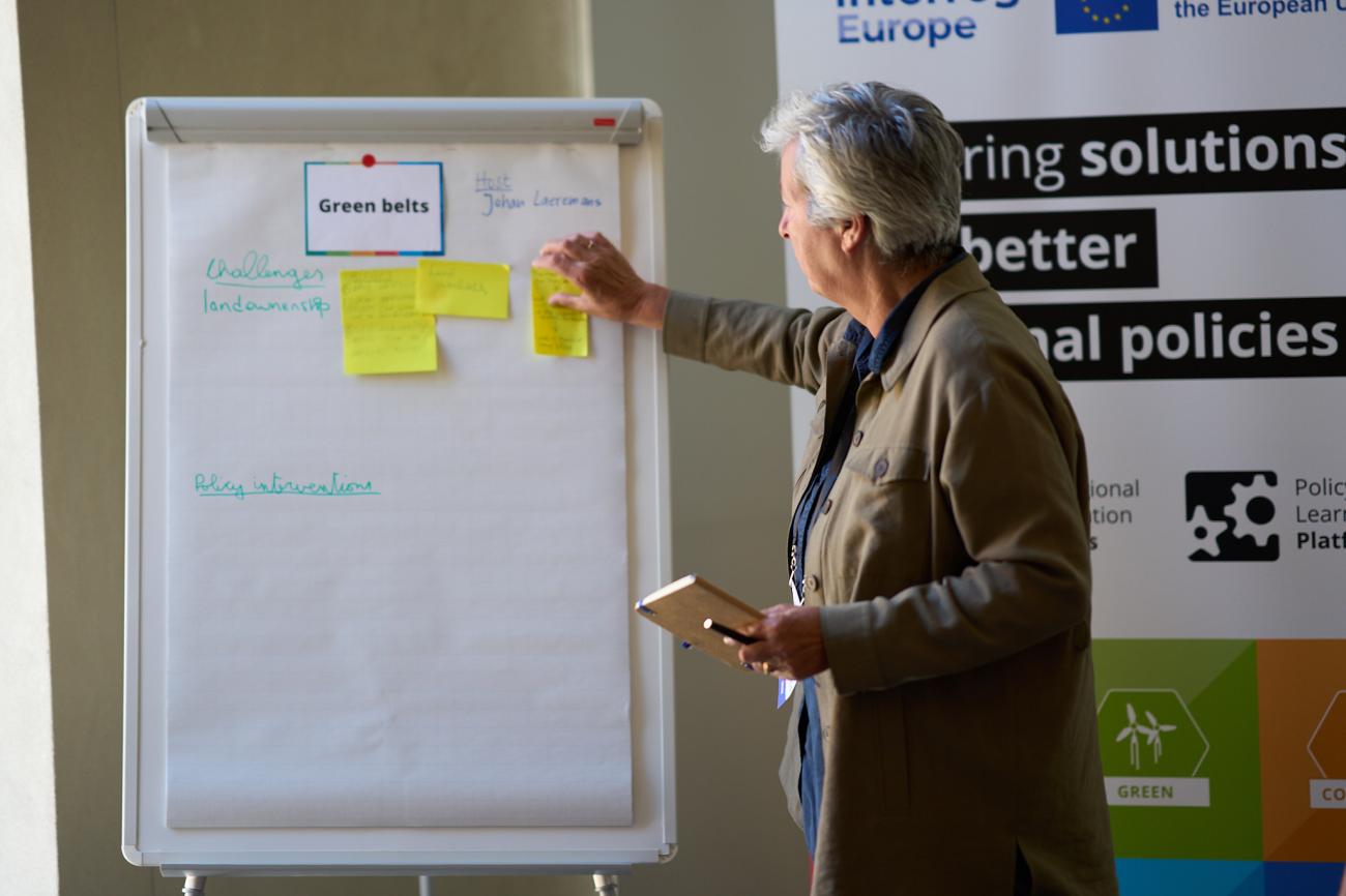 Woman putting a sticker on whiteboard