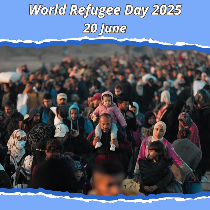 World Refugee Day 2025 Crowd of people carrying luggage and belongings heading in one direction
