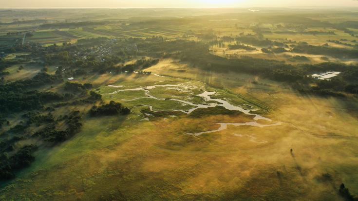 Airphoto from large river delta, where the river meander through green and yellow hay fields.