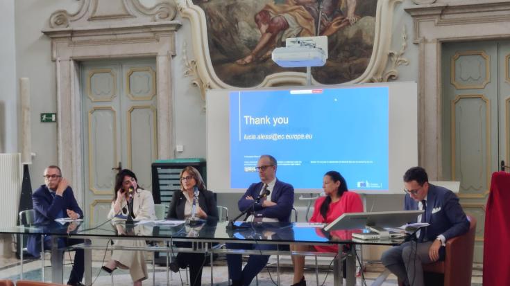 Carmen Disanto, Manager of LE2C and other speakers during the event 'Just Transition and Impact Measurement'