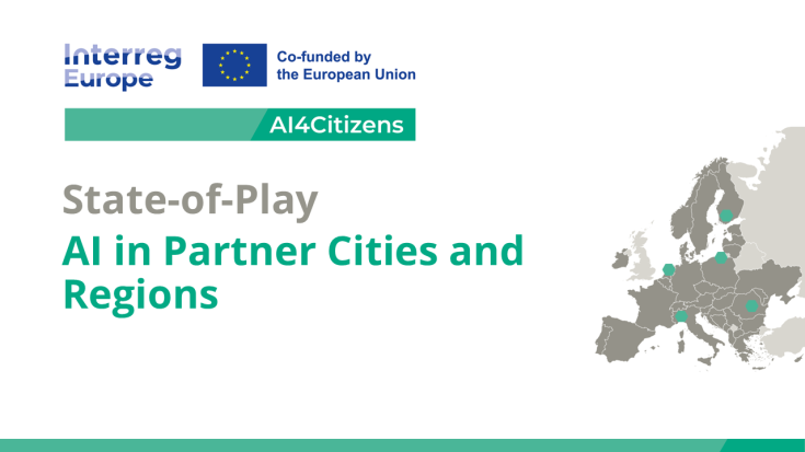 State-of-Play ─ AI in Partner Cities and Regions In the image is project´s and financer´s logo and the map of Europe which have pointing in project´s partner countries.