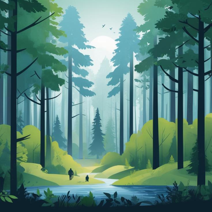 Discover the Future of Sustainable Forestry with FBI4EU Scenic illustration of a lush forest with tall trees and a soft blue-green color palette. A person and a dog walk near a winding stream, creating a peaceful and inviting atmosphere. The image reflects themes of nature, sustainability, and forestry.