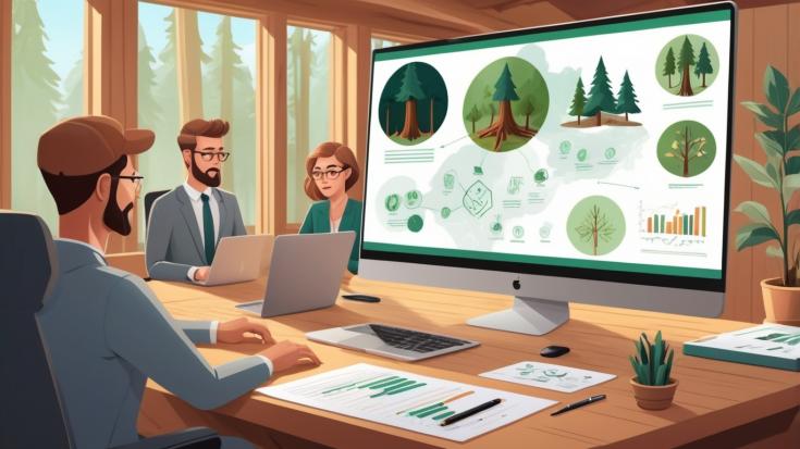 Stakeholders Meeting on Forest-Based Industry Development Graphic presenting a A group of professionals participating in an online stakeholders' meeting on forestry and wood industry strategies. They are seated at a wooden conference table with laptops, reviewing charts and visuals related to forest management and sustainability displayed on a large monitor. The room features wooden elements and greenery, reflecting the nature-focused theme.