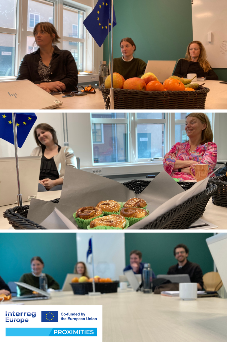 Varberg Explores Ideas for Inclusive Placemaking A photo collage of a PROXIMITIES project meeting in Varberg, Sweden. Participants sit around a table with laptops, fruit baskets, and EU flags. Cinnamon buns are served. The Interreg Europe and PROXIMITIES logos appear at the bottom.