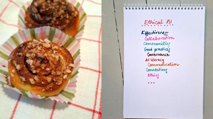 The picture shows two separate images, one with a bun and the other with a list of words included in ethical AI.