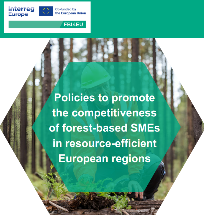 Promoting Forest-Based SME Competitiveness in Europe Cover image of the FBI4EU project brochure, highlighting the EU's commitment to enhancing the competitiveness of forest-based small and medium-sized enterprises through regional cooperation and sustainable policy.
